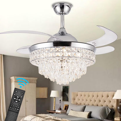 Datingday 42 Inch Crystal Ceiling Fan Golden Crystal Ceiling Fan Chandelier with Remote 6 Speeds 3 Colors Changes Lighting Fixture, 4 Blades Retractable Fans for Bedroom Living Room Dining Room