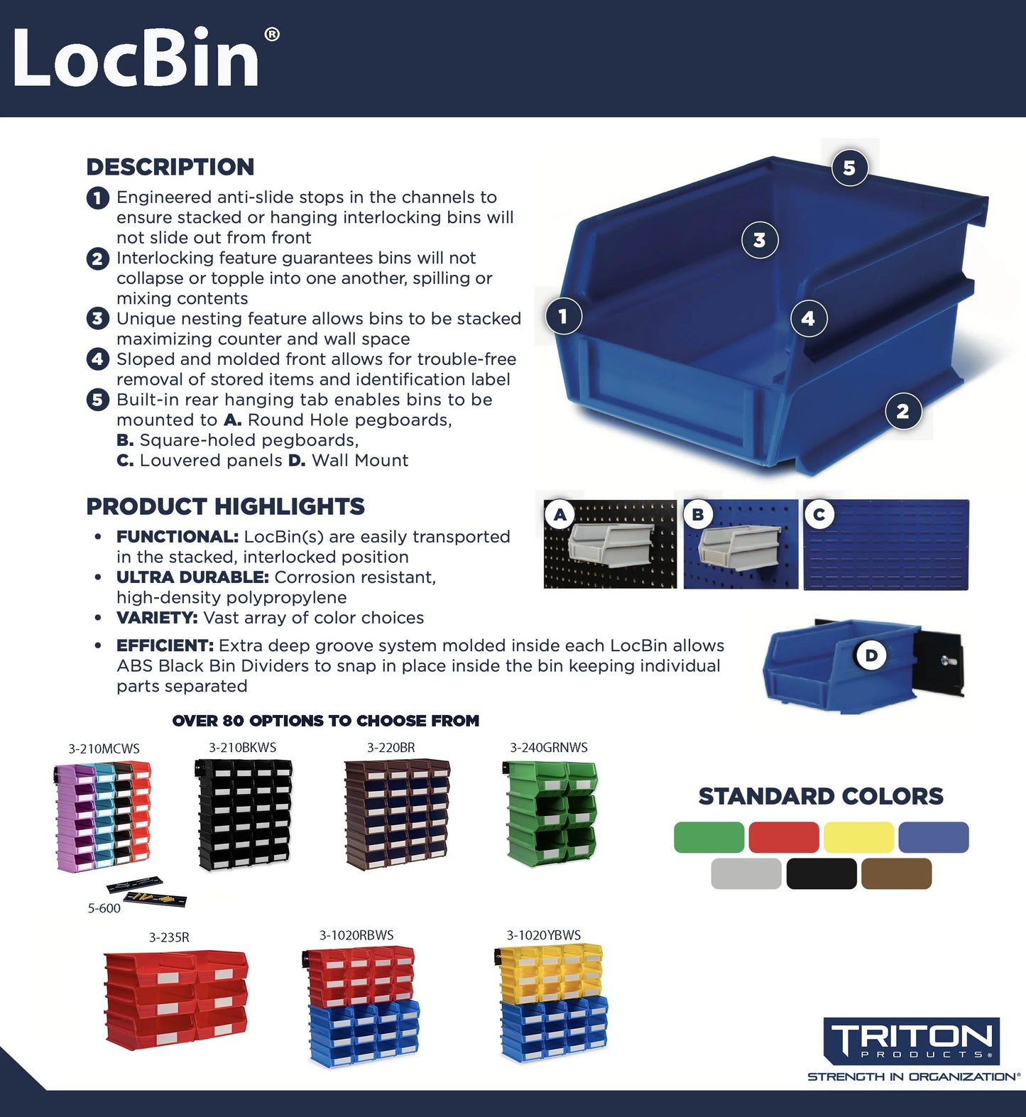Triton Products LocBin 8-Piece Wall Storage Unit with 14-3/4"L x 8-1/4"W x 7"H Interlocking Poly Bins, 6ct, Wall Mount Rails 8-3/4"L with Hardware, 2pk Organizers