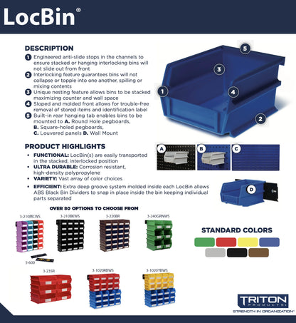 Triton Products LocBin 8-Piece Wall Storage Unit with 14-3/4"L x 8-1/4"W x 7"H Interlocking Poly Bins, 6ct, Wall Mount Rails 8-3/4"L with Hardware, 2pk Organizers