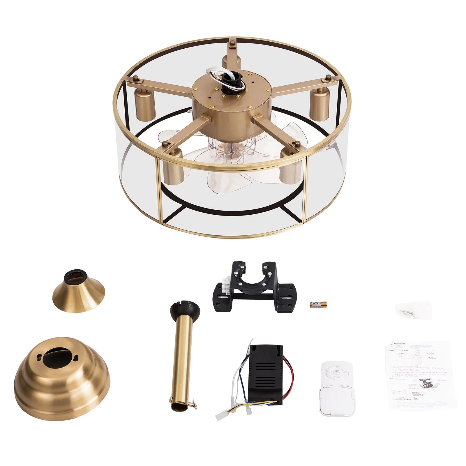 Caged Fandelier Ceiling Fan with Light, Golden Ceiling Fans with Remote Control & Noiseless 35db - Farmhouse Rustic Bladeless Ceiling Fans Chandelier Retro Lighting Fixture