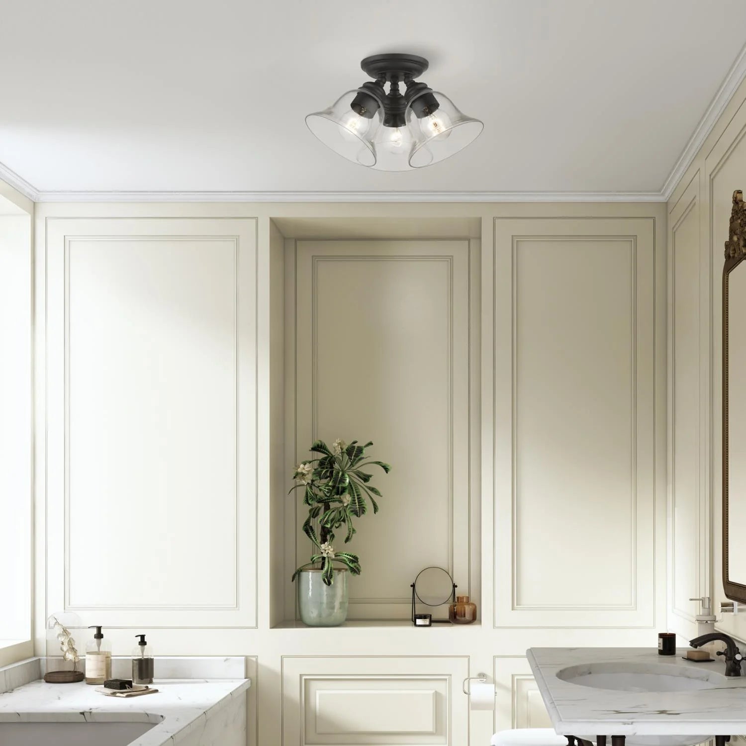 46489-04-Livex Lighting-Moreland - 3 Light Large Semi-Flush Mount In Transitional Style-7.5 Inches Tall and 14.5 Inches Wide-Black Finish