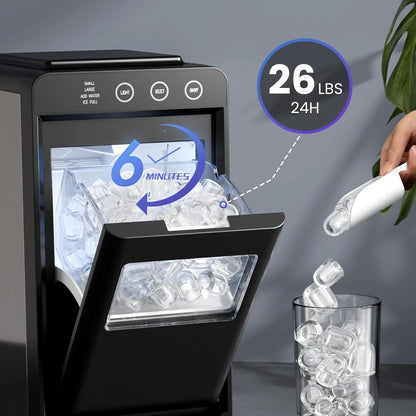 Moifoi Ice Maker Countertop, 26 lbs/24 H, 8 Pcs Ice in 6 Mins, Portable Ice Maker Machine with Self-Cleaning, Interior Lighting, 2 Sizes Bullet Ice, Black