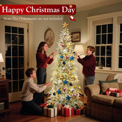 Qunler 7ft Pre-lit Snow Flocked Artificial Christmas Tree with 300 Warm Lights 8 Modes, 700 PE+PVC Snowy Branches, White