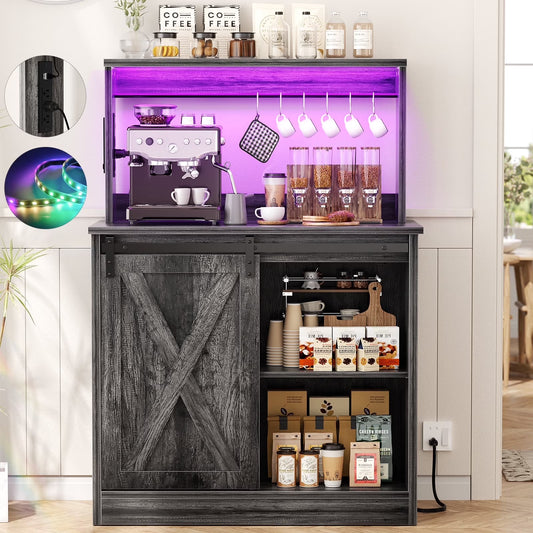 Homieasy Farmhouse Coffee Bar Cabinet with Charging Station, LED Lighting, Adjustable Shelves & Rustic Sliding Barn Door Design for Kitchen, Dining, or Living Room, Black Oak