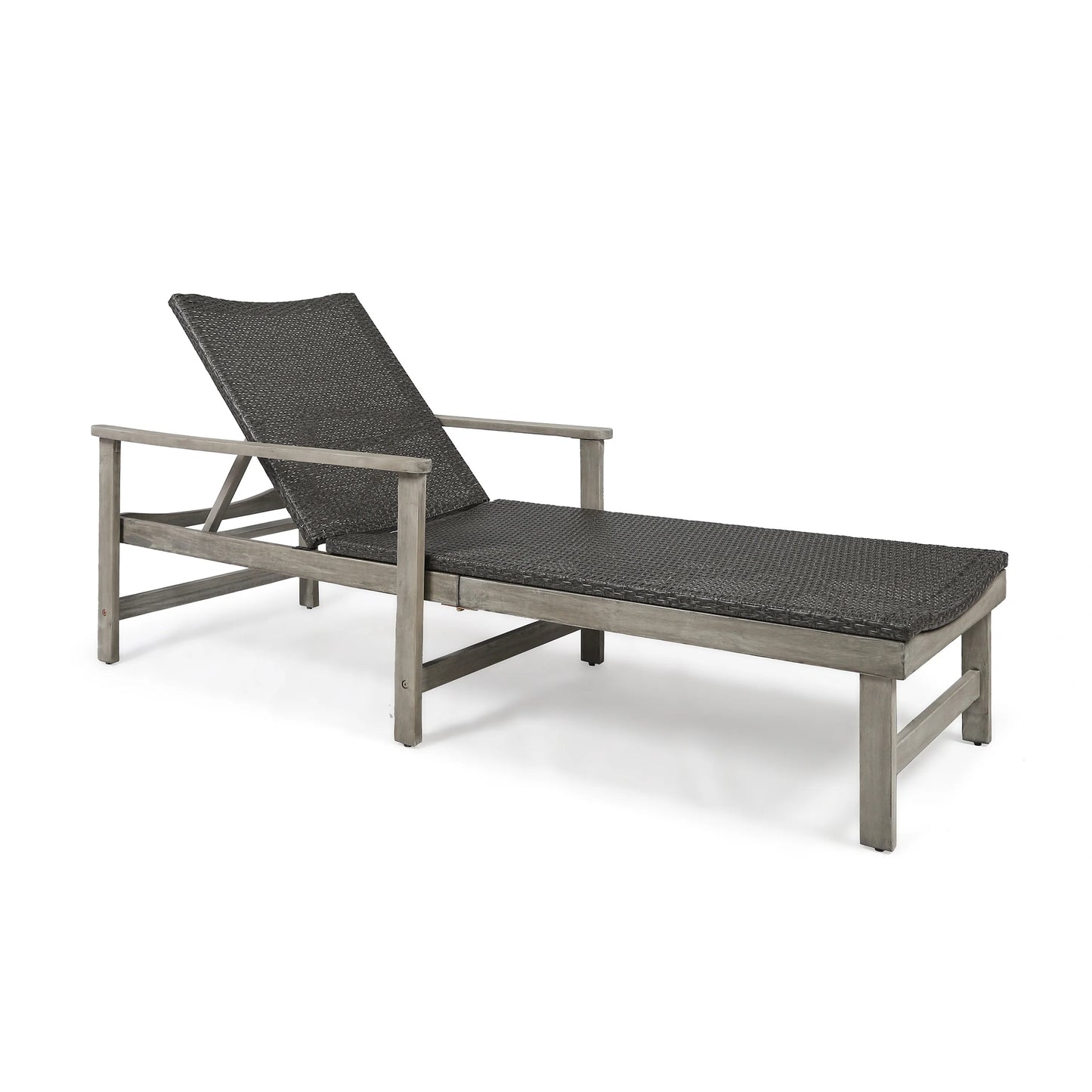 Christopher Knight Home Hampton Outdoor Rustic Acacia Wood Chaise Lounge with Wicker Seating by mixed black, light gray wash