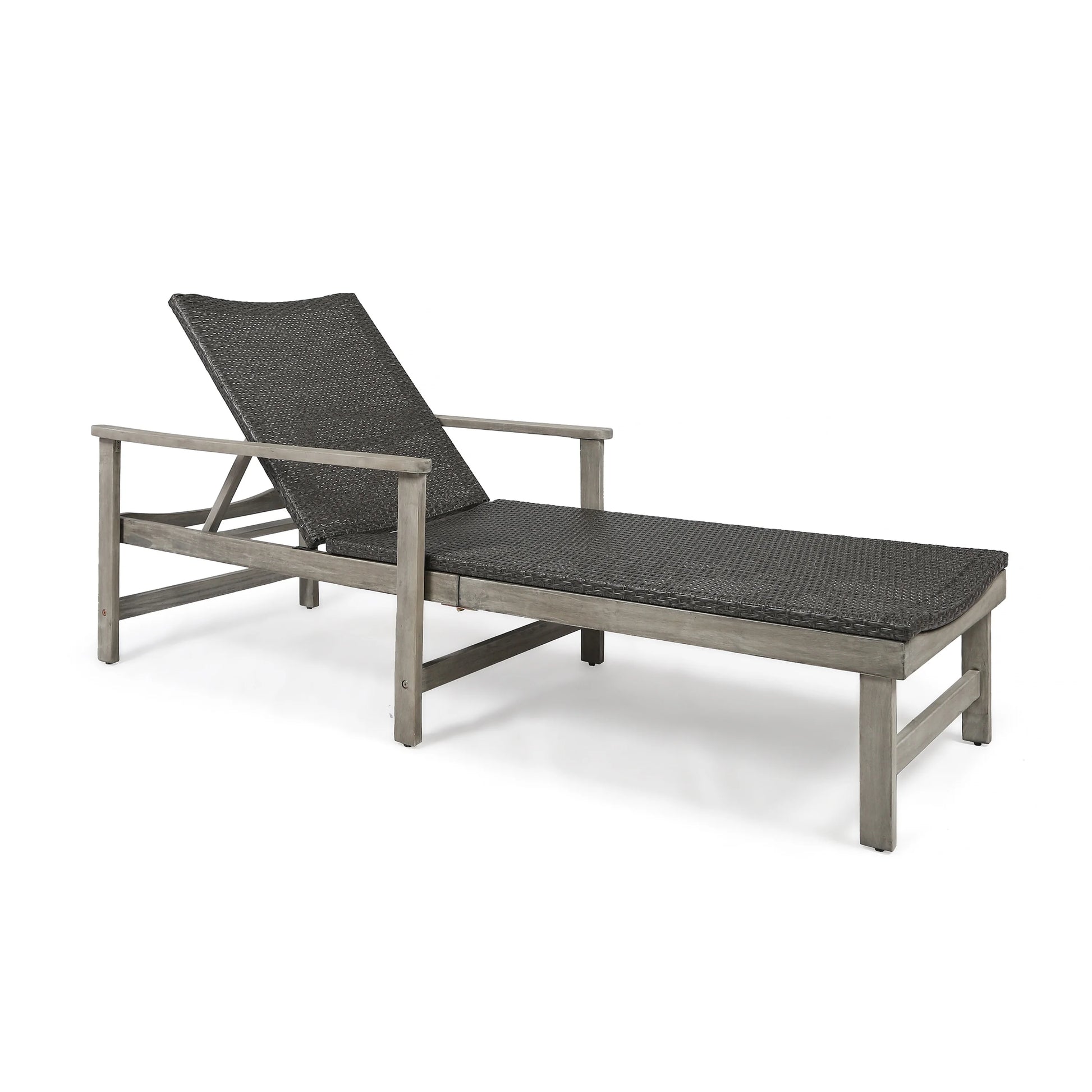 Christopher Knight Home Hampton Outdoor Rustic Acacia Wood Chaise Lounge with Wicker Seating by mixed black, light gray wash