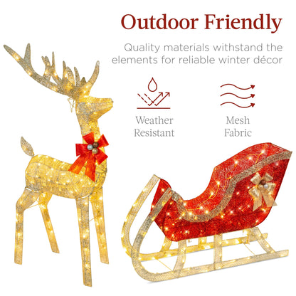 Best Choice Products Lighted Christmas 4ft Reindeer & Sleigh Holiday Outdoor Decor Set w/205 LED Lights, Stakes - Gold