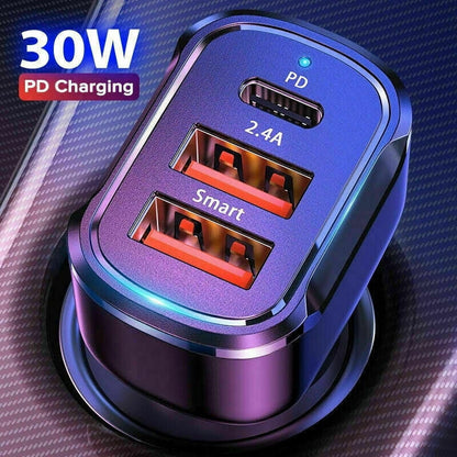 3in1 USB PD 30W Type-C Car Charger 2.4A Fast Charge Lighting Adapter For iPhone 13 12 11 Pro Max iPad Google pixel