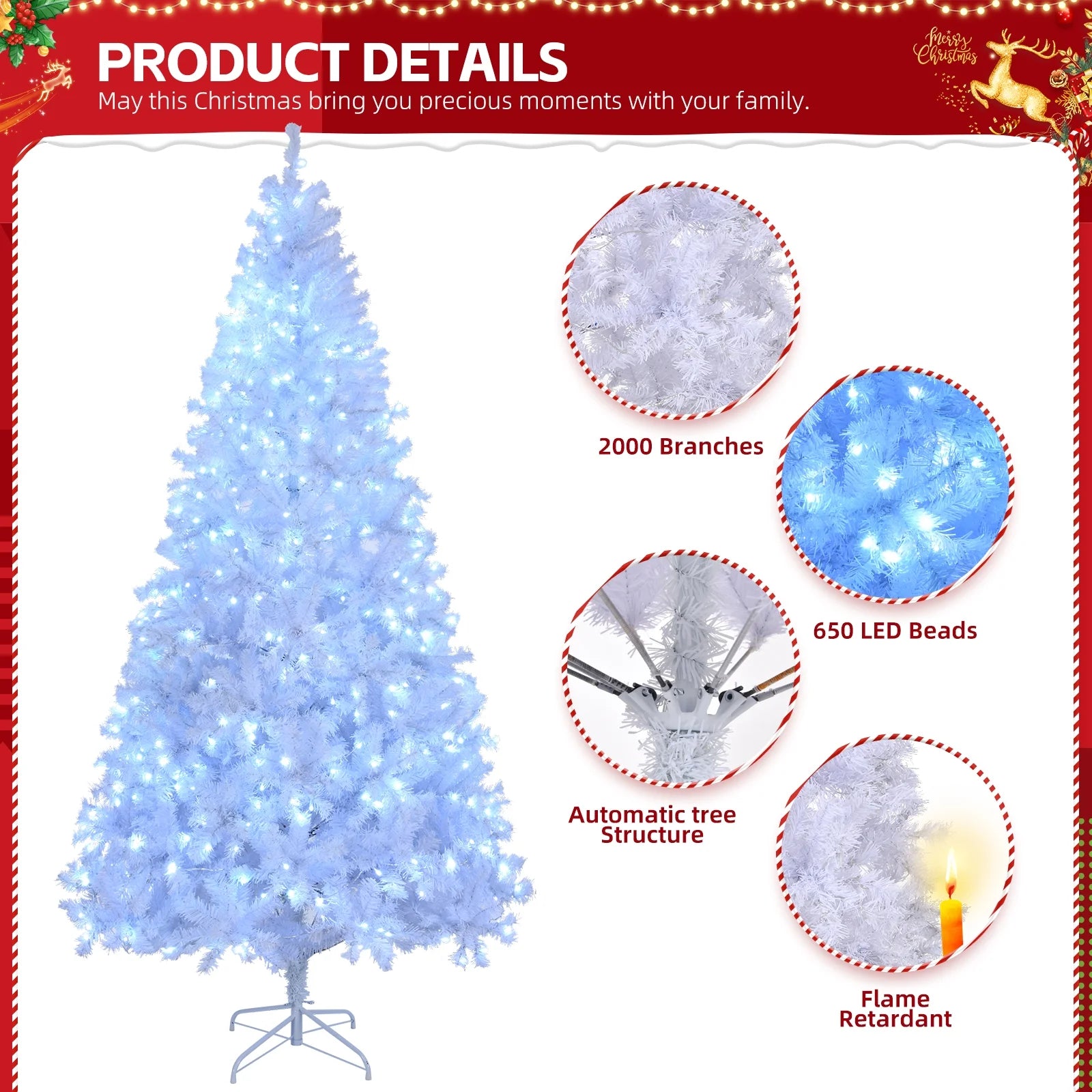 Ktaxon 9 FT Pre-Lit Christmas Tree, Hinged Xmas Pine Tree with 2000 Branch Tips, 650 Lights and Remote Control for Holiday Party Office Home, White