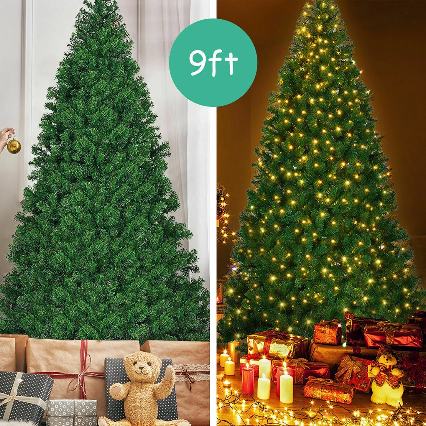 Costway 9Ft Pre-Lit PVC Christmas Tree Hinged 700 LED Lights Green