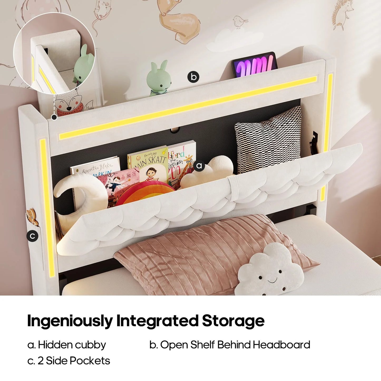 Platform Bed Twin Size with Storage Drawers and Headboard,, Twin Size Velvet Upholstered Bed with RGB Lighting and Power Outlet, No Box Spring Needed, Noise-Free, White