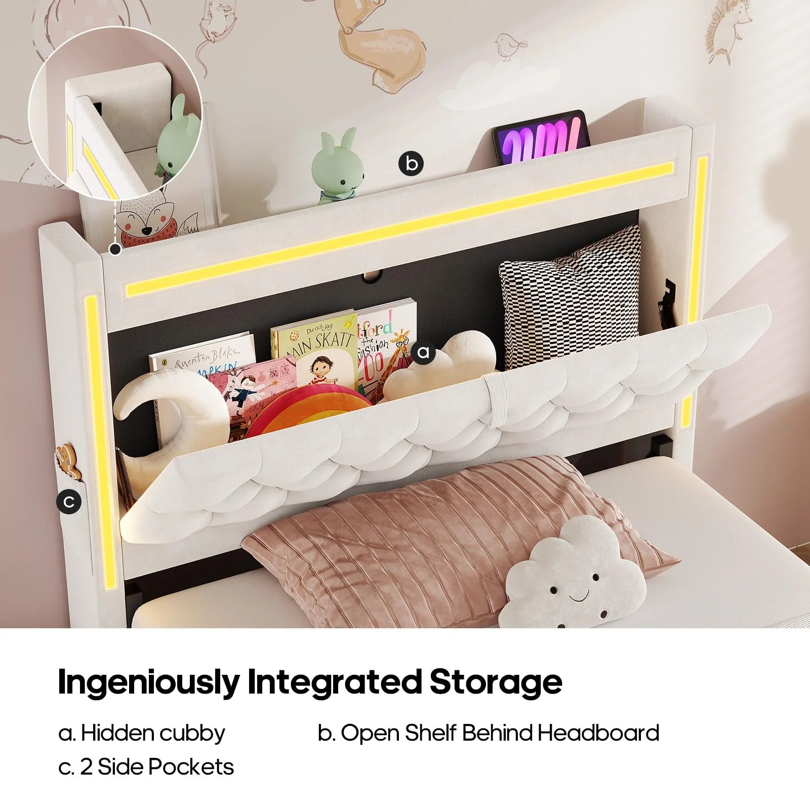 Platform Bed Twin Size with Storage Drawers and Headboard,, Twin Size Velvet Upholstered Bed with RGB Lighting and Power Outlet, No Box Spring Needed, Noise-Free, White