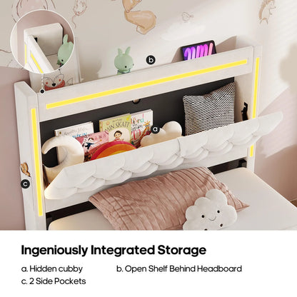Platform Bed Twin Size with Storage Drawers and Headboard,, Twin Size Velvet Upholstered Bed with RGB Lighting and Power Outlet, No Box Spring Needed, Noise-Free, White