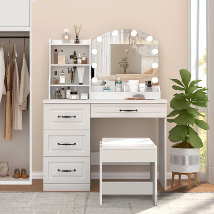 Veanerwood Makeup Vanity Desk with Lights and 4 Drawers, Modern Vanity Table Set, 3 Lighting Colors, 39.4in, White Finish