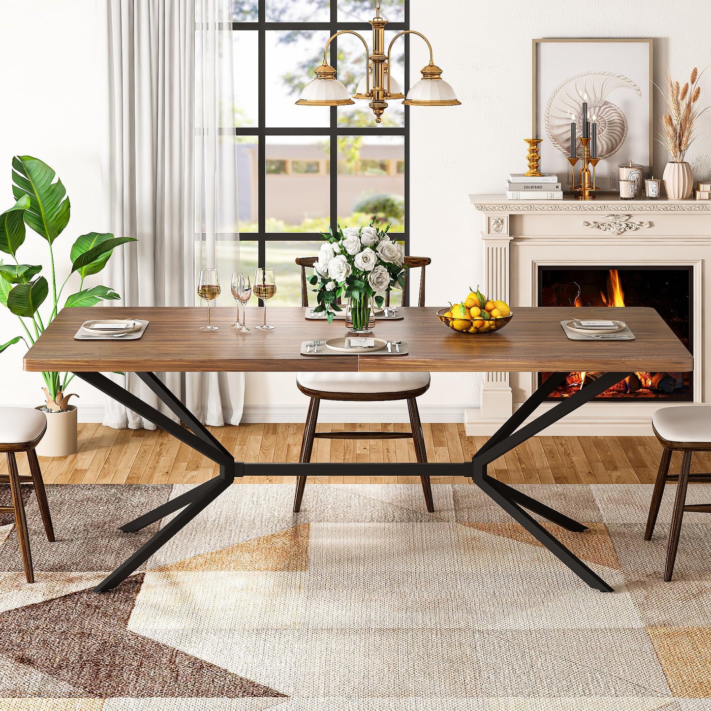 Baxluxe Mid Century Modern Dining Table 70.8 Inch, 6-8 Person Rectangular Kitchen Table with X-Shaped Metal Legs, Wooden Surface Coffee Tables for Living Room, Dining Room, Breakfast Nook, Brown