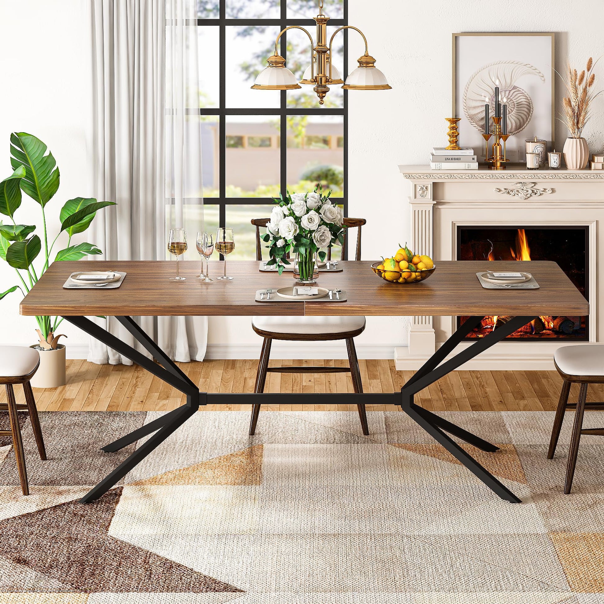 Baxluxe Mid Century Modern Dining Table 70.8 Inch, 6-8 Person Rectangular Kitchen Table with X-Shaped Metal Legs, Wooden Surface Coffee Tables for Living Room, Dining Room, Breakfast Nook, Brown