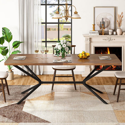 Baxluxe Mid Century Modern Dining Table 70.8 Inch, 6-8 Person Rectangular Kitchen Table with X-Shaped Metal Legs, Wooden Surface Coffee Tables for Living Room, Dining Room, Breakfast Nook, Brown