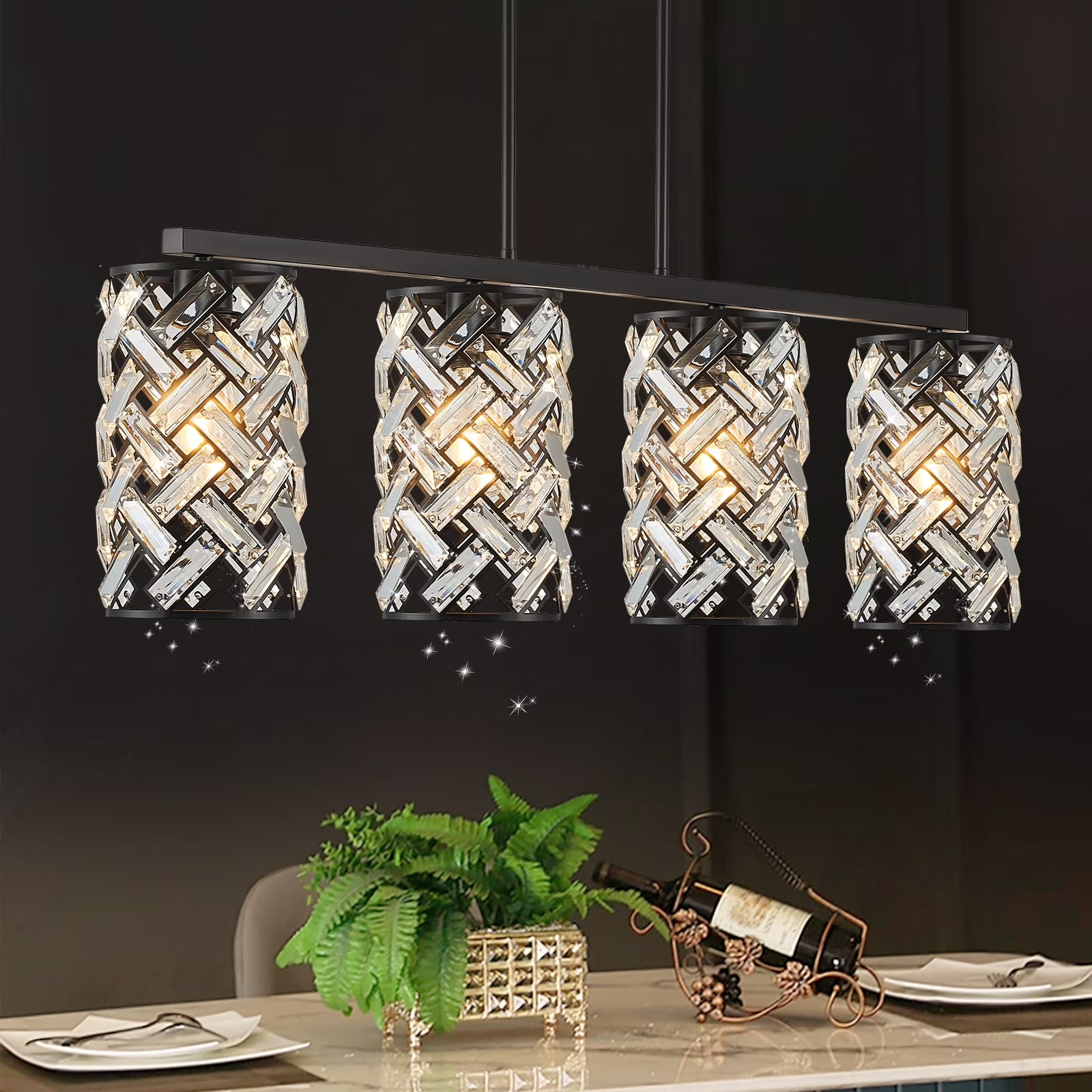 40" Crystal Kitchen Island Lighting 4 Lights Modern Black Linear Chandelier Dining Room Light Fixture Over Table Luxury Ceiling Pendant Light Fixture