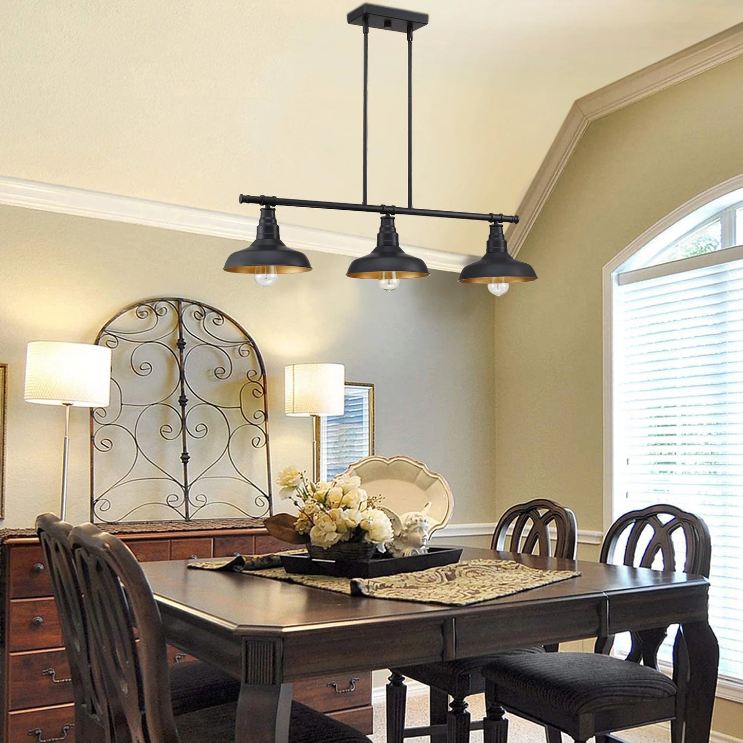 3-Light Matte Black Pendant Lighting for Kitchen Island Industrial Ceiling Mount Light Fixture for Dining Room, Living Room, Dining Table, Bars with Gold Painting Inside Finish