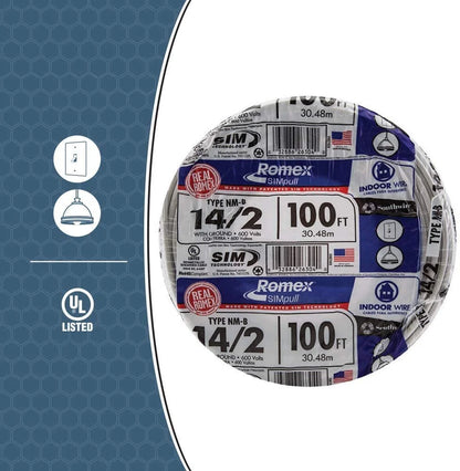 Southwire 28827423 100' 14/2 with ground Romex brand SIMpull residential indoor electrical wire type NM-B, White