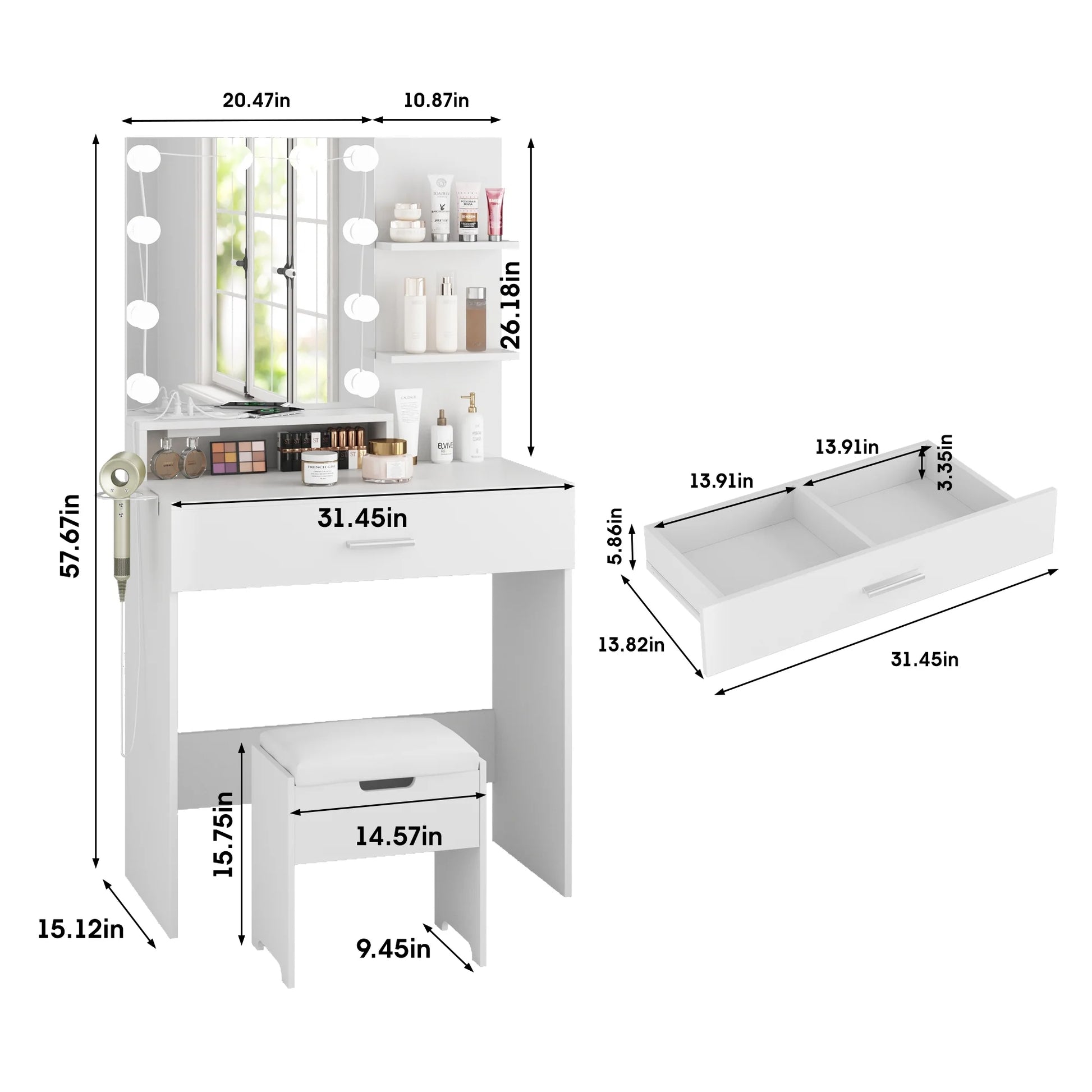 VEANERWOOD Makeup Vanity Table with Lighted Mirror & Power Strip, White Vanity Set with Large Storage, 3 Lighting Modes, 31.5 inch, White