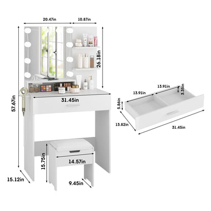 VEANERWOOD Makeup Vanity Table with Lighted Mirror & Power Strip, White Vanity Set with Large Storage, 3 Lighting Modes, 31.5 inch, White