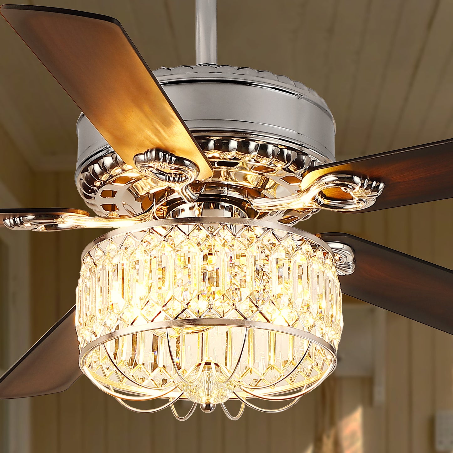 Kviflon 52" Farmhouse Ceiling Fan with Lights & Remote, Crystal Chandelier, Wood Blades, Quiet Motor, 6-Speed, Timer, Modern Lighting for Living Room, Bedroom, Dining Room, Chrome Finish