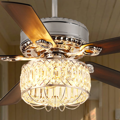 Kviflon 52" Farmhouse Ceiling Fan with Lights & Remote, Crystal Chandelier, Wood Blades, Quiet Motor, 6-Speed, Timer, Modern Lighting for Living Room, Bedroom, Dining Room, Chrome Finish