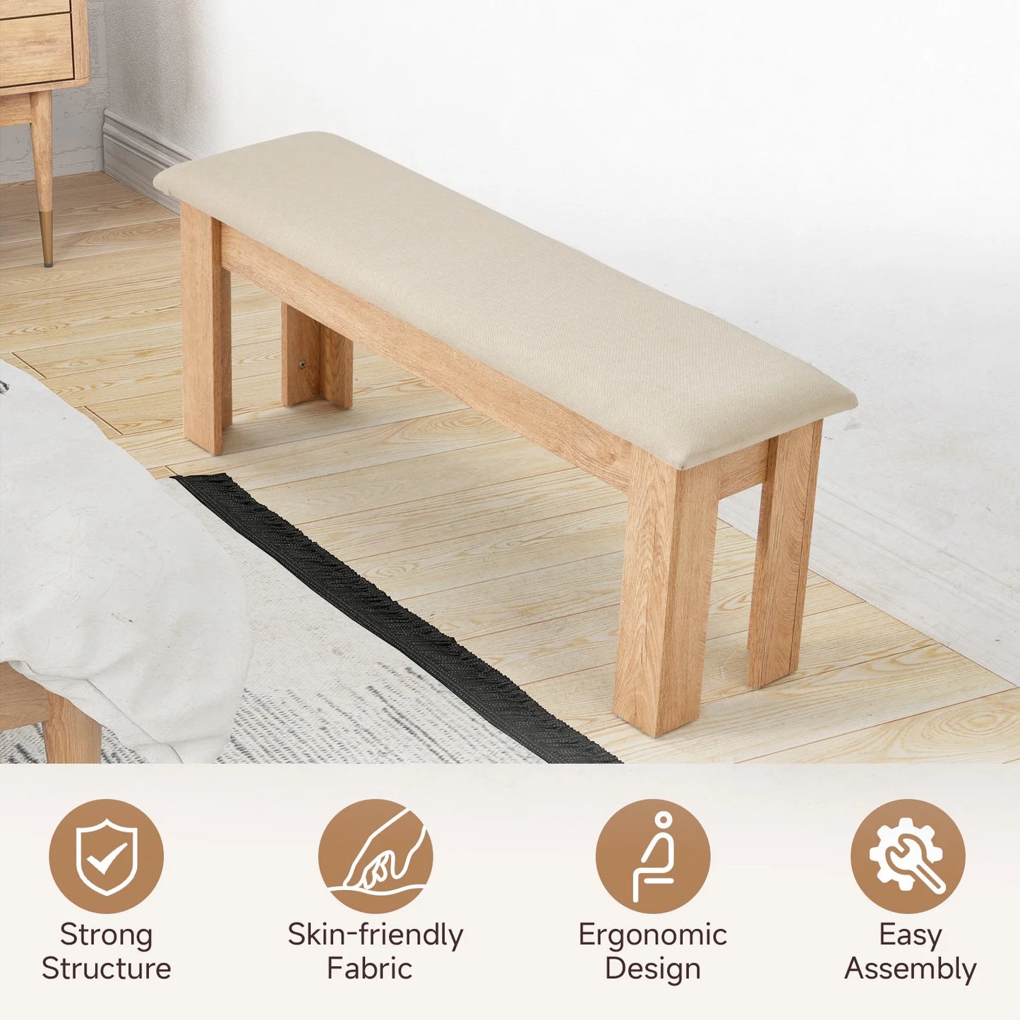 AVAWING 44" Dining Room Bench Set of 2, Wood & Linen Fabric Kitchen Benches, Beige & Natural