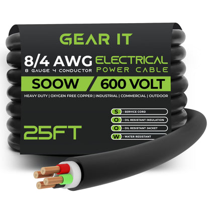 GearIT 8/4 8 AWG Portable Power Cable (25 Feet - 4 Conductor) SOOW 600V 8 Gauge Electric Wire for Motor Leads, Portable lights, Battery Chargers, Stage Lights and Machinery -25ft Electrical Cord