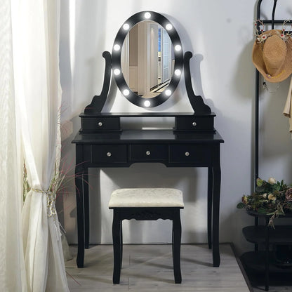 TROPOW Vanity Desk,Makeup Vanity,with Mirror and Lights,Vanity Desk with Mirror and Lights, Wood Makeup Dressing Table Stool with & Oval Mirror 3 Colors Lighting Modes Modern,Black