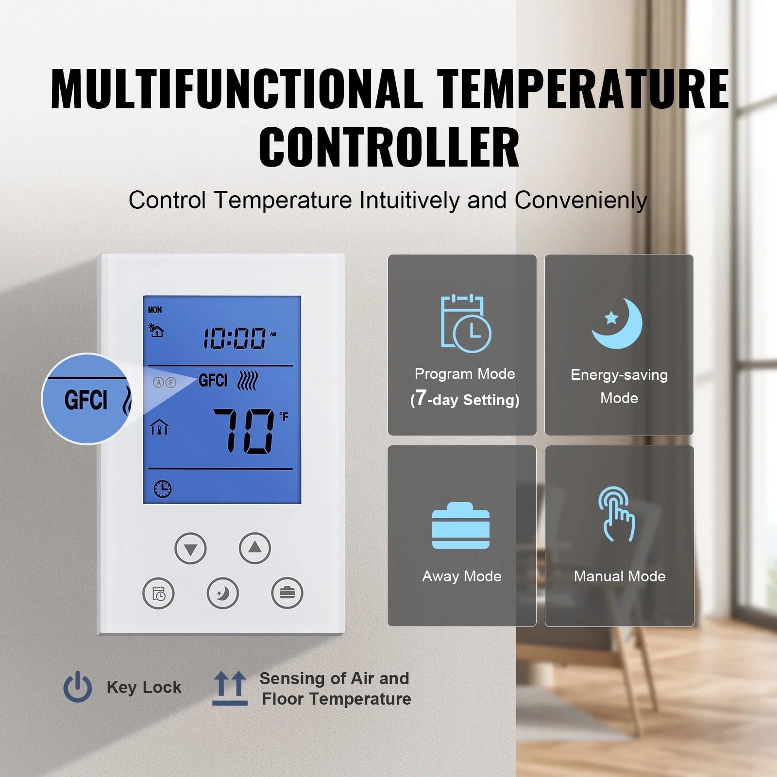 KFFKFF Underfloor Heating Mat, 30 Sq.ft, Electrical Ground Warming System with Digital Temperature Sensing Thermostat, Comes with Installation Monitor, Sticky Back for Simple Setup on The Ground