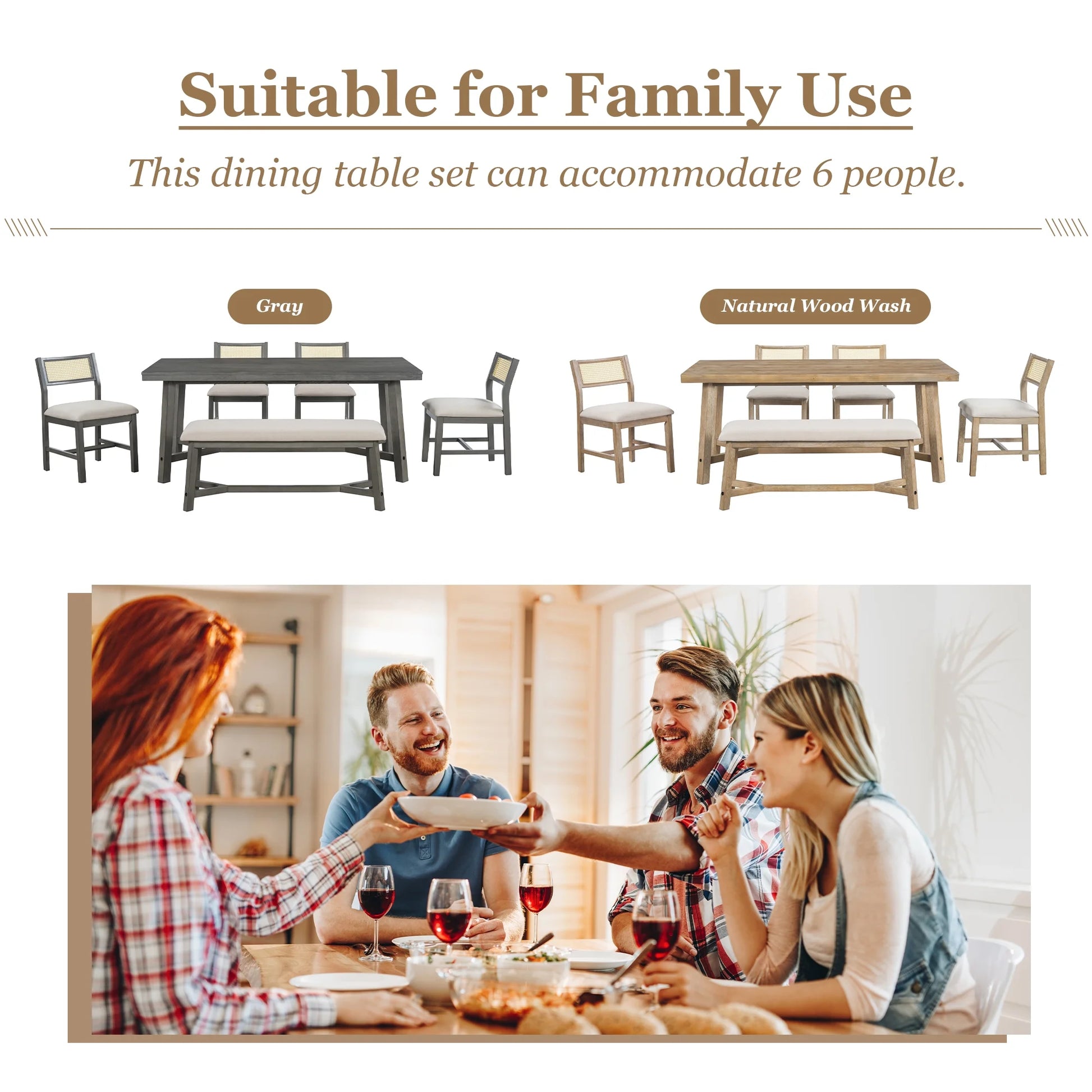 Prehome 6-piece Retro Farmhouse Dining Set, Wood Rectangular Table and 4 Upholstered Rattan Chairs, Bench, Dining Table Set for 5-7, Dining Table Set for Kitchen Dining Room Dorm Apartment, Wood Wash