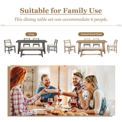 Prehome 6-piece Retro Farmhouse Dining Set, Wood Rectangular Table and 4 Upholstered Rattan Chairs, Bench, Dining Table Set for 5-7, Dining Table Set for Kitchen Dining Room Dorm Apartment, Wood Wash