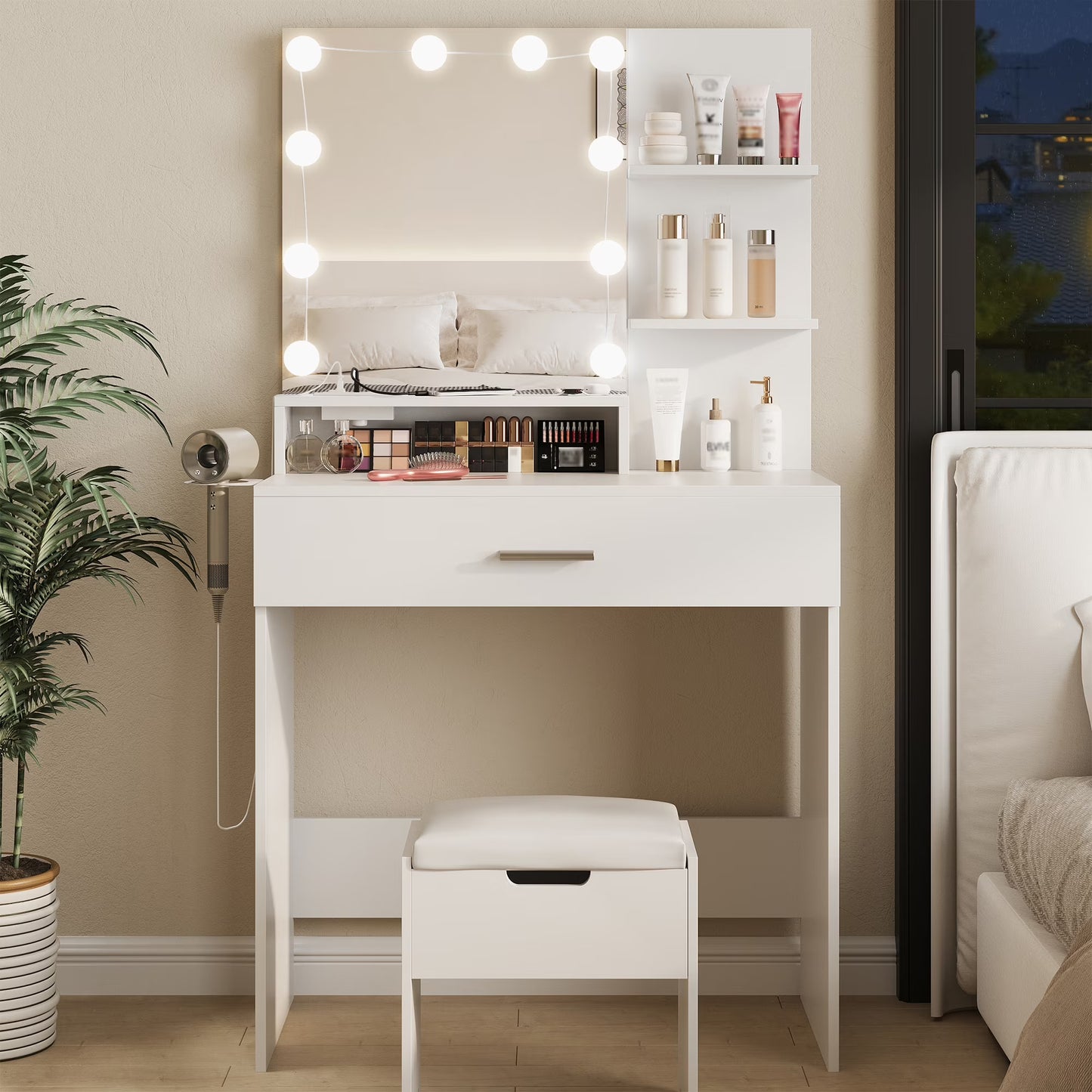 VEANERWOOD Makeup Vanity Table with Lighted Mirror & Power Strip, White Vanity Set with Large Storage, 3 Lighting Modes, 31.5 inch, White