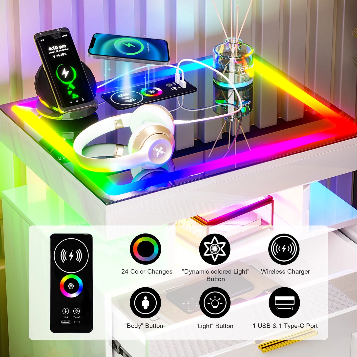 HNEBC RGB LED Nightstand with Wireless Charging Station & USB Ports, High Gloss Smart Night Stand with Drawer and Dynamic Lighting, Modern Bedside Tables for Bedroom, End Table