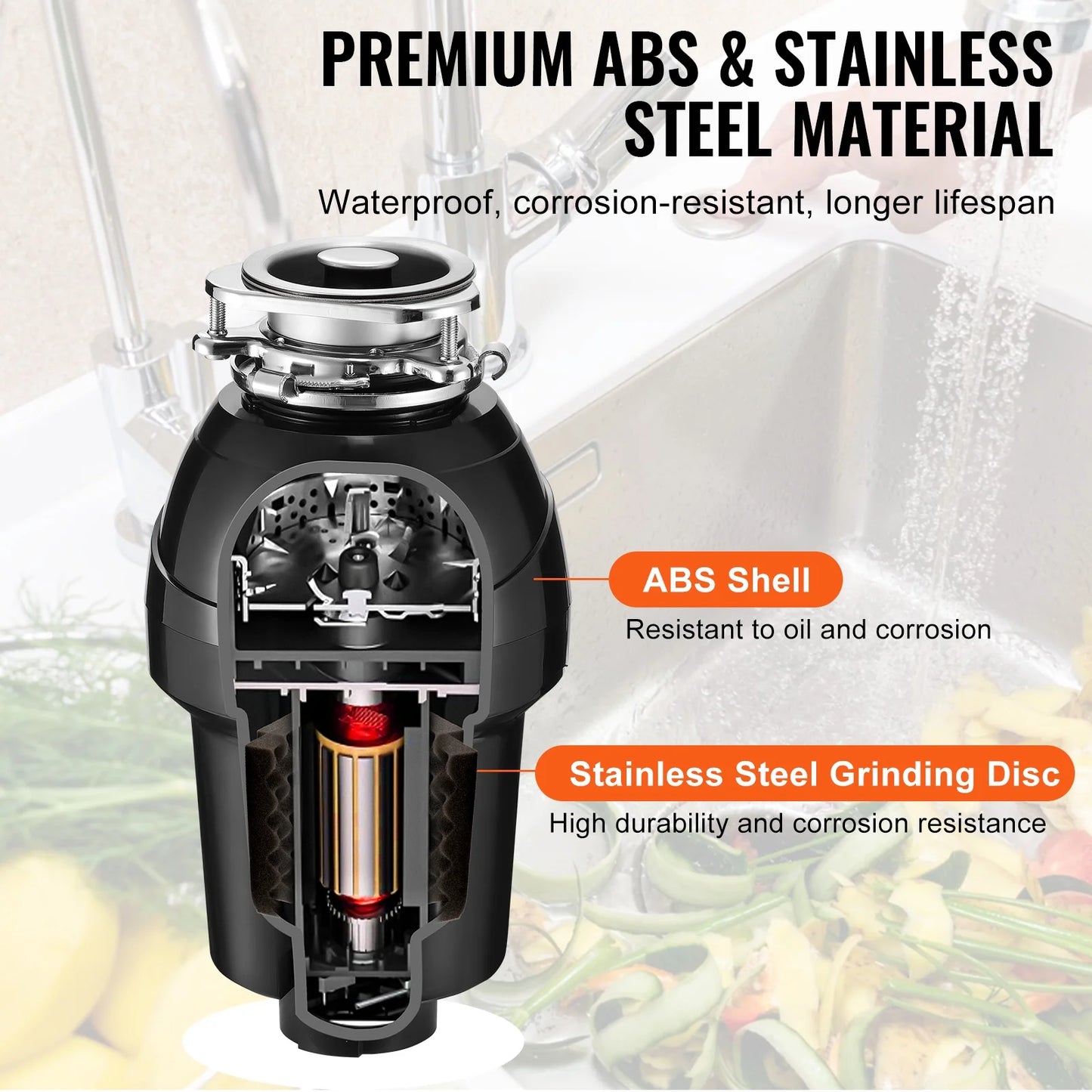 KFFKFF Garbage Disposal, 1.25HP 3360RPM Constant Operation Kitchen Scraps Grinder, Simple Connection Food Residue Grinding Mechanism with Noise Dampening, Electrical Cable & Spatter Shield