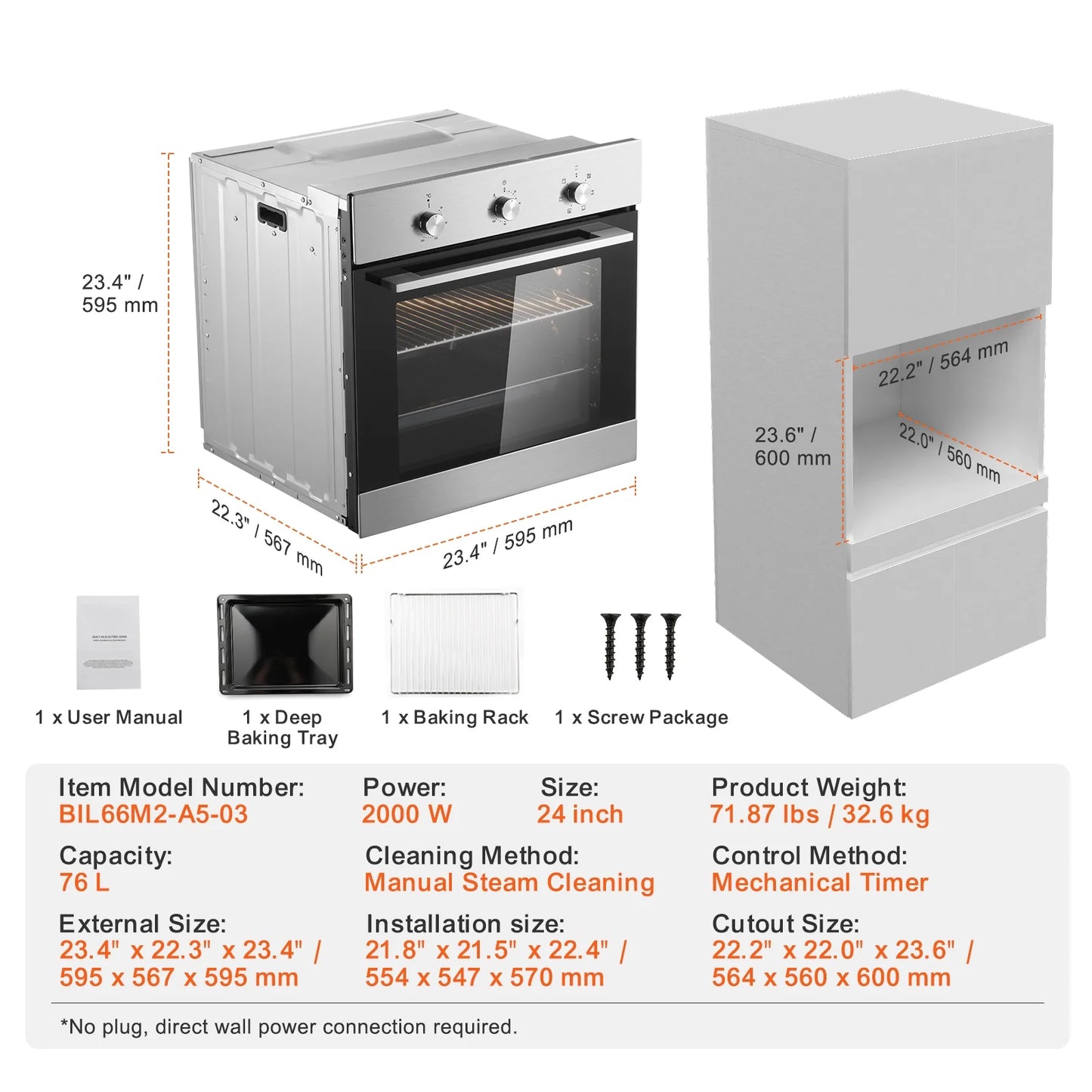 KFFKFF Solo Wall Oven, 24" Electrically Integrated Wall Oven with Half a Dozen Cooking Capabilities, 2.68 Cubic Ft Electric Wall Ovens with Timing Device, 2000W Electric Oven
