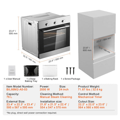 KFFKFF Solo Wall Oven, 24" Electrically Integrated Wall Oven with Half a Dozen Cooking Capabilities, 2.68 Cubic Ft Electric Wall Ovens with Timing Device, 2000W Electric Oven