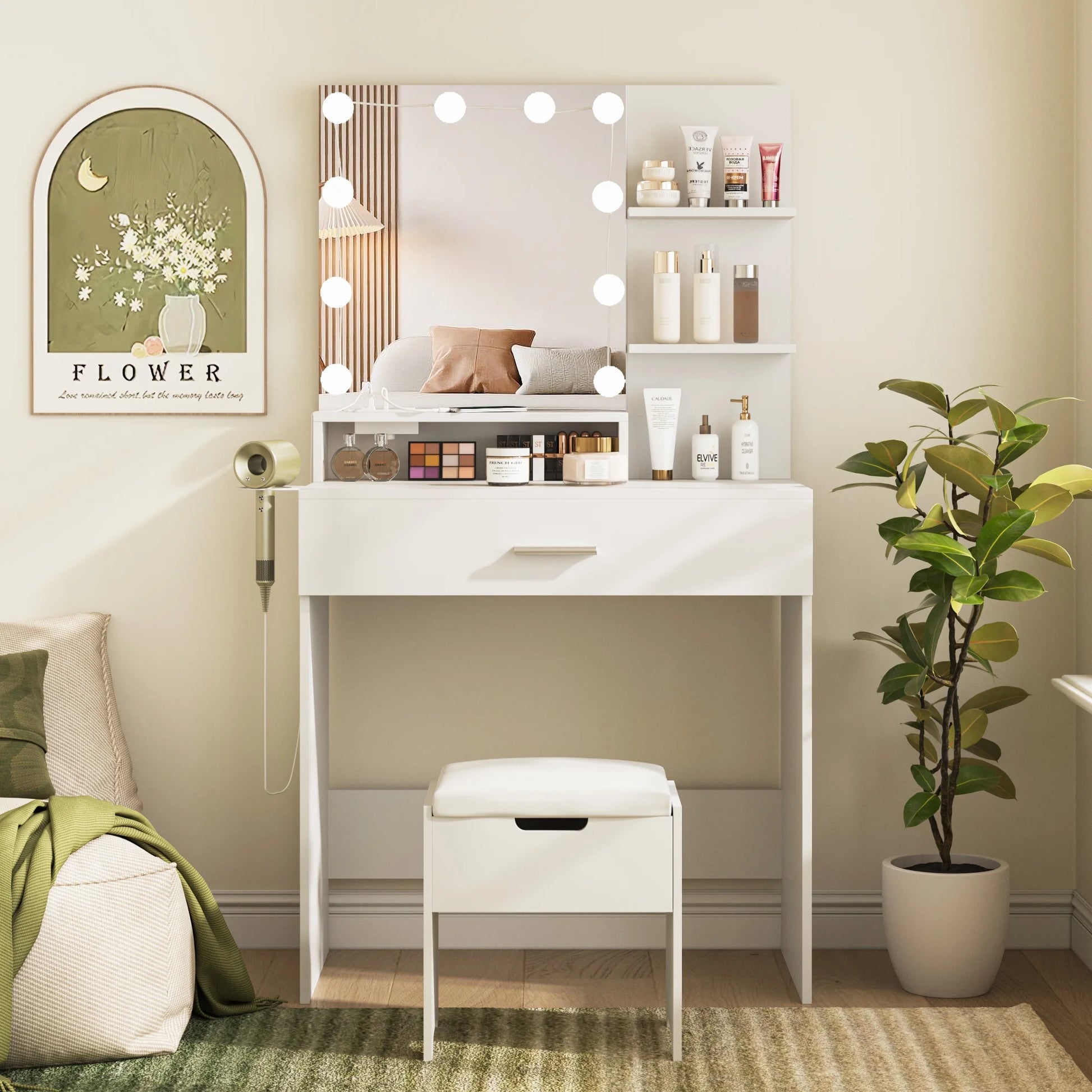 VEANERWOOD Makeup Vanity Table with Lighted Mirror & Power Strip, White Vanity Set with Large Storage, 3 Lighting Modes, 31.5 inch, White