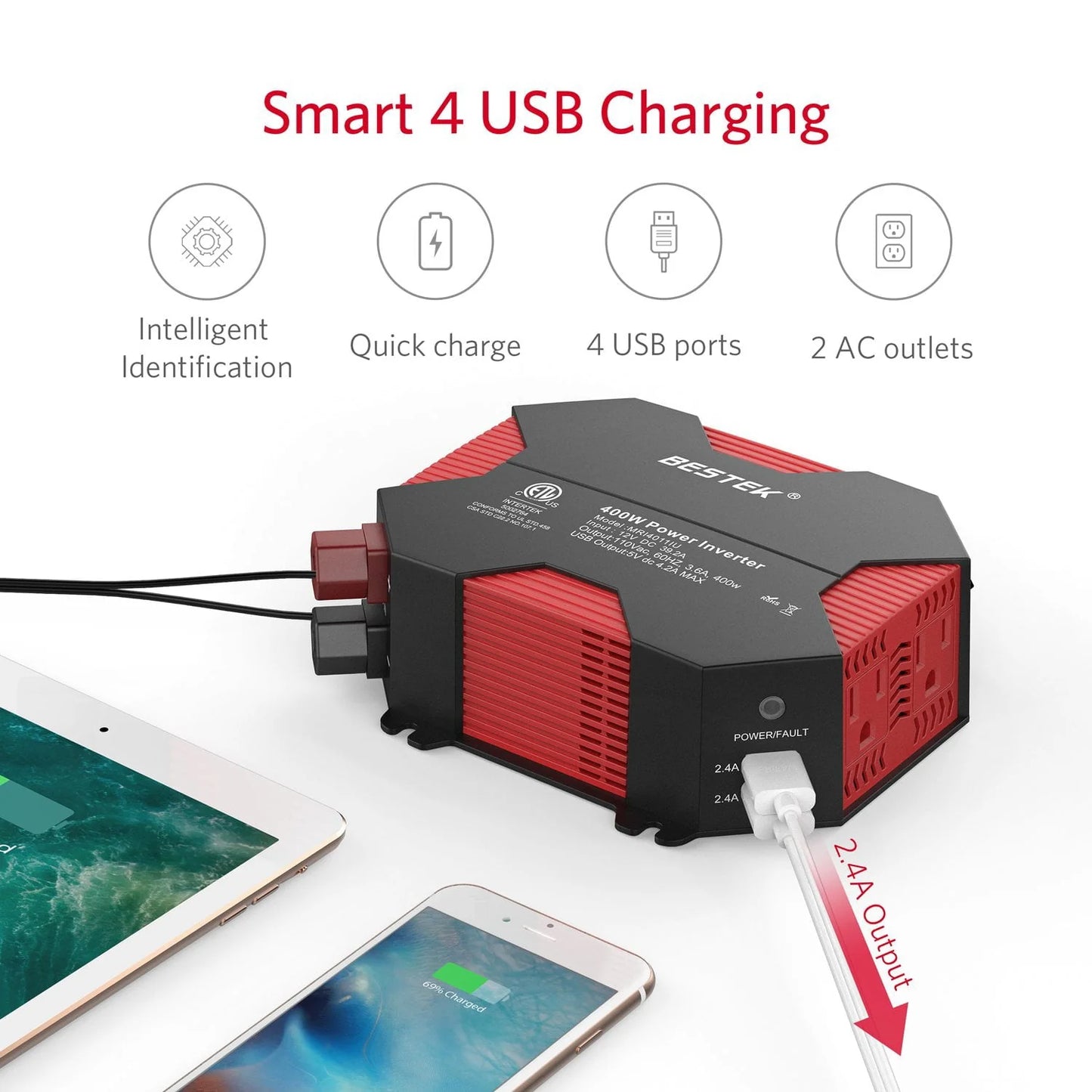 400 Watts Power Inverter DC 12V to AC 110V Power Converter with 4 USB Charging Ports Car Adapter for Christmas String Lights