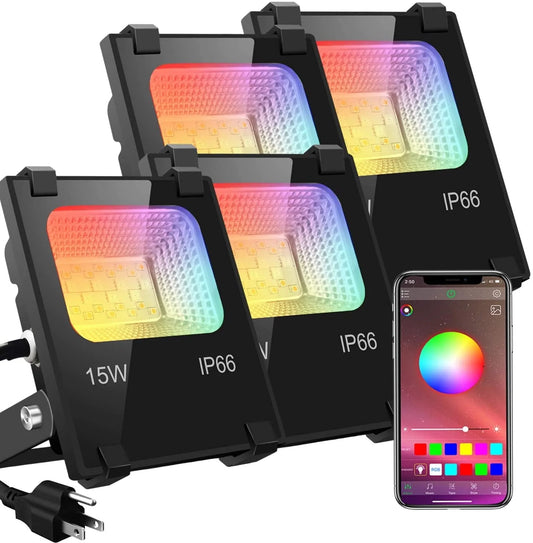LED Flood Lights RGB Color Changing 100W Equivalent Outdoor, 15W Bluetooth Smart Floodlights RGB APP Control, IP66 Waterproof, Timing, 2700K&16 Million Colors 20 Modes for Garden Stage Lighting 4 Pack