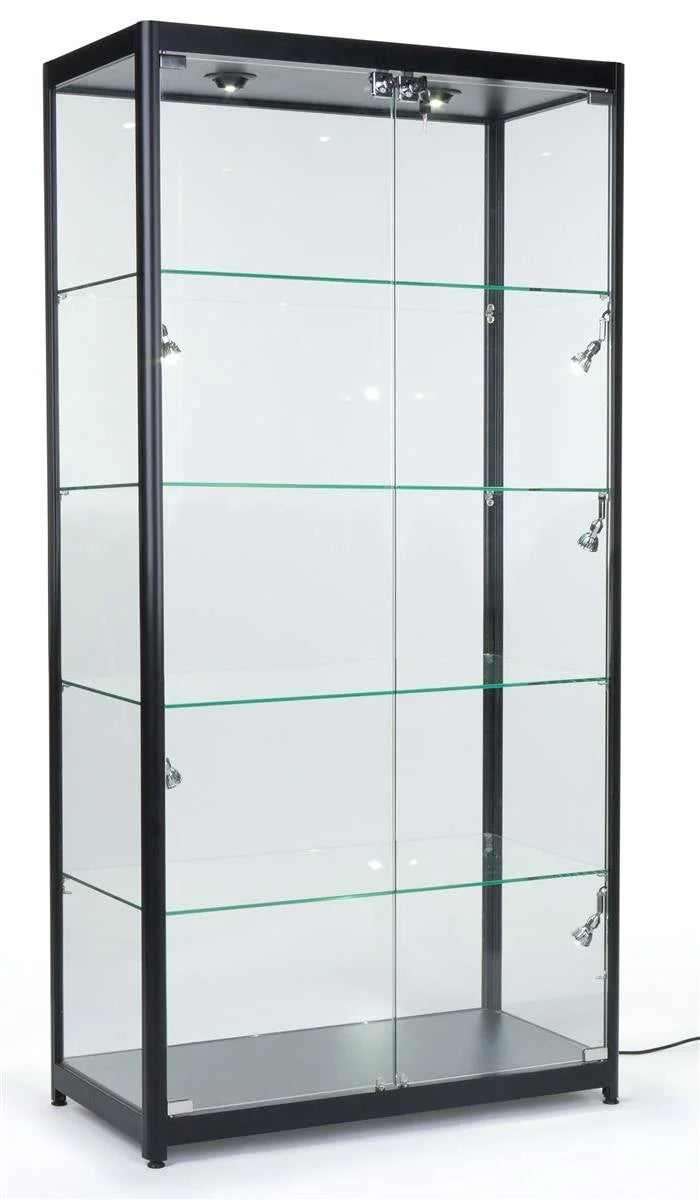 Displays2go Black LED Trophy Showcase, Locking, LED Lighting, Tempered Glass, Laminated MDF & Aluminum - Black (LESC10478B)