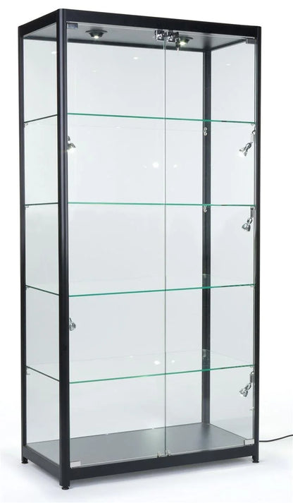 Displays2go Black LED Trophy Showcase, Locking, LED Lighting, Tempered Glass, Laminated MDF & Aluminum - Black (LESC10478B)