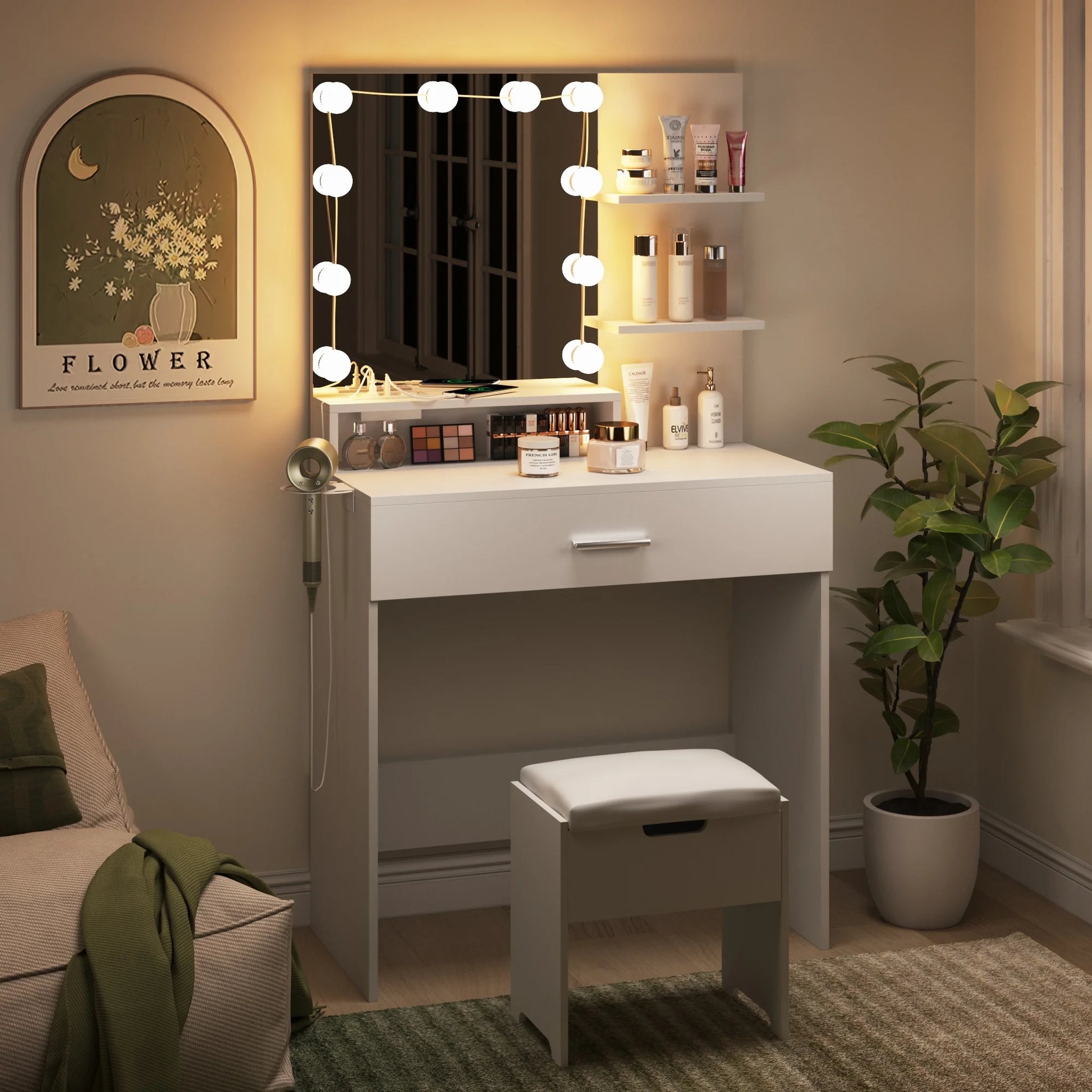 VEANERWOOD Makeup Vanity Table with Lighted Mirror & Power Strip, White Vanity Set with Large Storage, 3 Lighting Modes, 31.5 inch, White