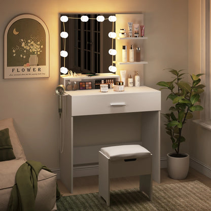 VEANERWOOD Makeup Vanity Table with Lighted Mirror & Power Strip, White Vanity Set with Large Storage, 3 Lighting Modes, 31.5 inch, White