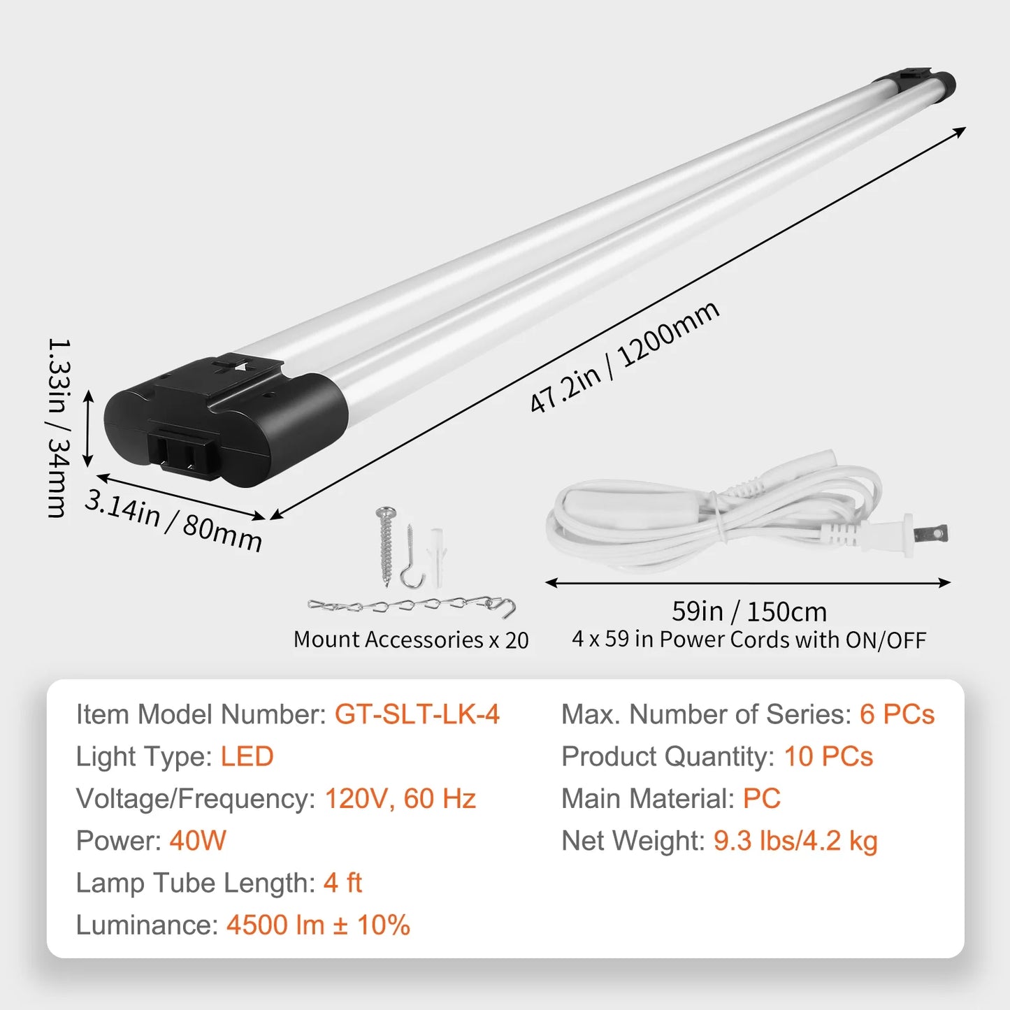 KFFKFF LED Shop Light Bundle of 10, 4 Feet, 40W Connectable Workshop Lighting, 4500 Lumens Surface & Suspended Mount Ceiling Lamps 59 inch Power Cables with ON/OFF Toggle, Suitable for Garage