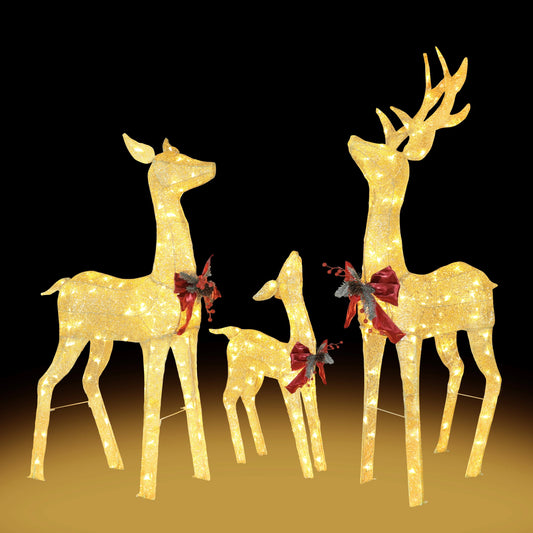 VEIKOUS Christmas Lighted Deer Family Set Outdoor Decor w/200 Warm Lights Reindeer Christmas Decor, Ground Stakes and Zip Ties, Gold