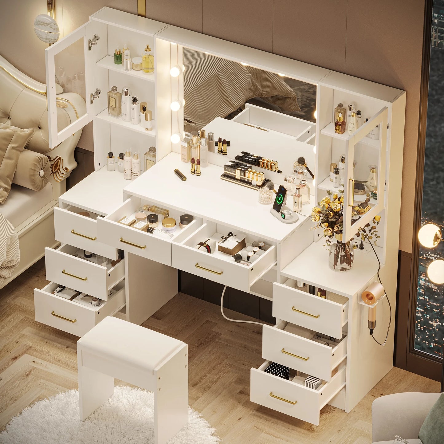 UGTOO 58.3" White Vanity Desk with Mirror, Adjustable Lighting, Power Outlet, Drawers, with Stool