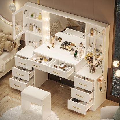 UGTOO 58.3" White Vanity Desk with Mirror, Adjustable Lighting, Power Outlet, Drawers, with Stool